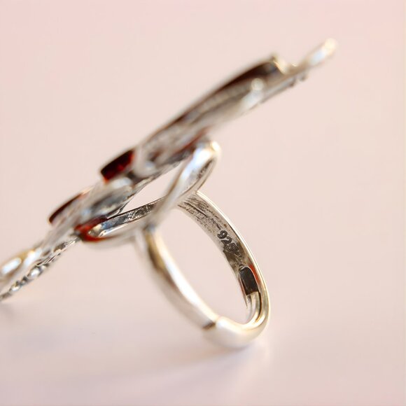 Baltic Cherry Amber Ring -Sterling Silver Scarab Adjustable Ring - Picture 6 of 6